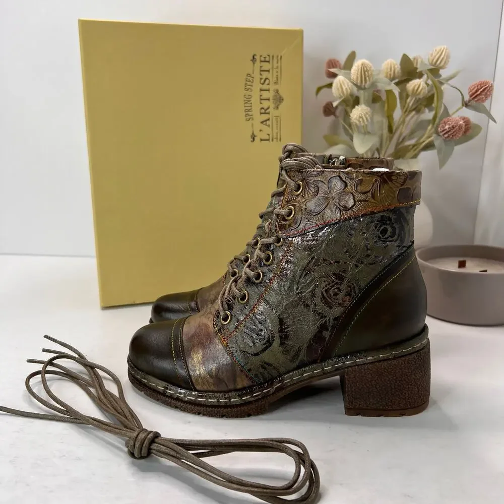 L'Artiste by Spring Step Fallinluv Leather Boot Olive Multi Women 4.5-5 NWB